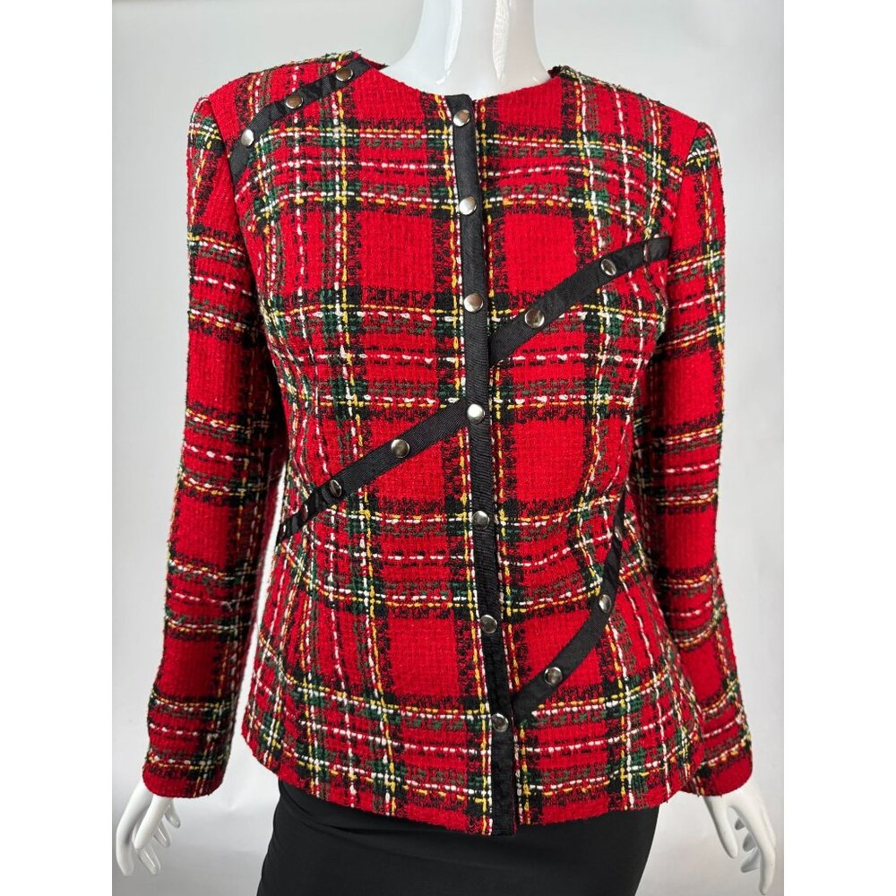 Conrad C Collection Womens Red Plaid Tweed Blazer Jacket Size 6 Silk Blend